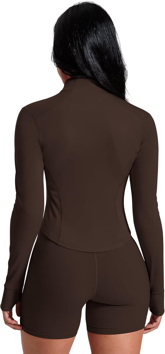 Women's Workout Jacket Zip Up Crop Top Running Sportwear Slim Fit Gym Jackets With Thumb Holes