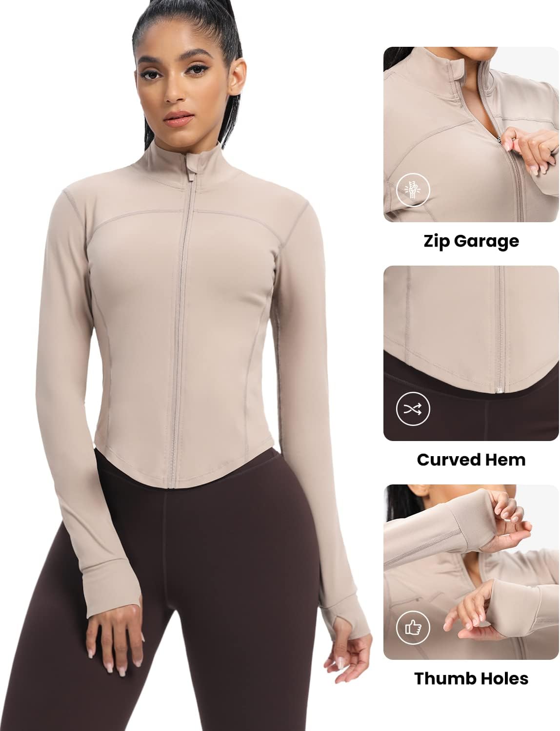 Women's Cropped Running Workout Jackets Zip Slim Fit Athletic Tops with Thumb Holes