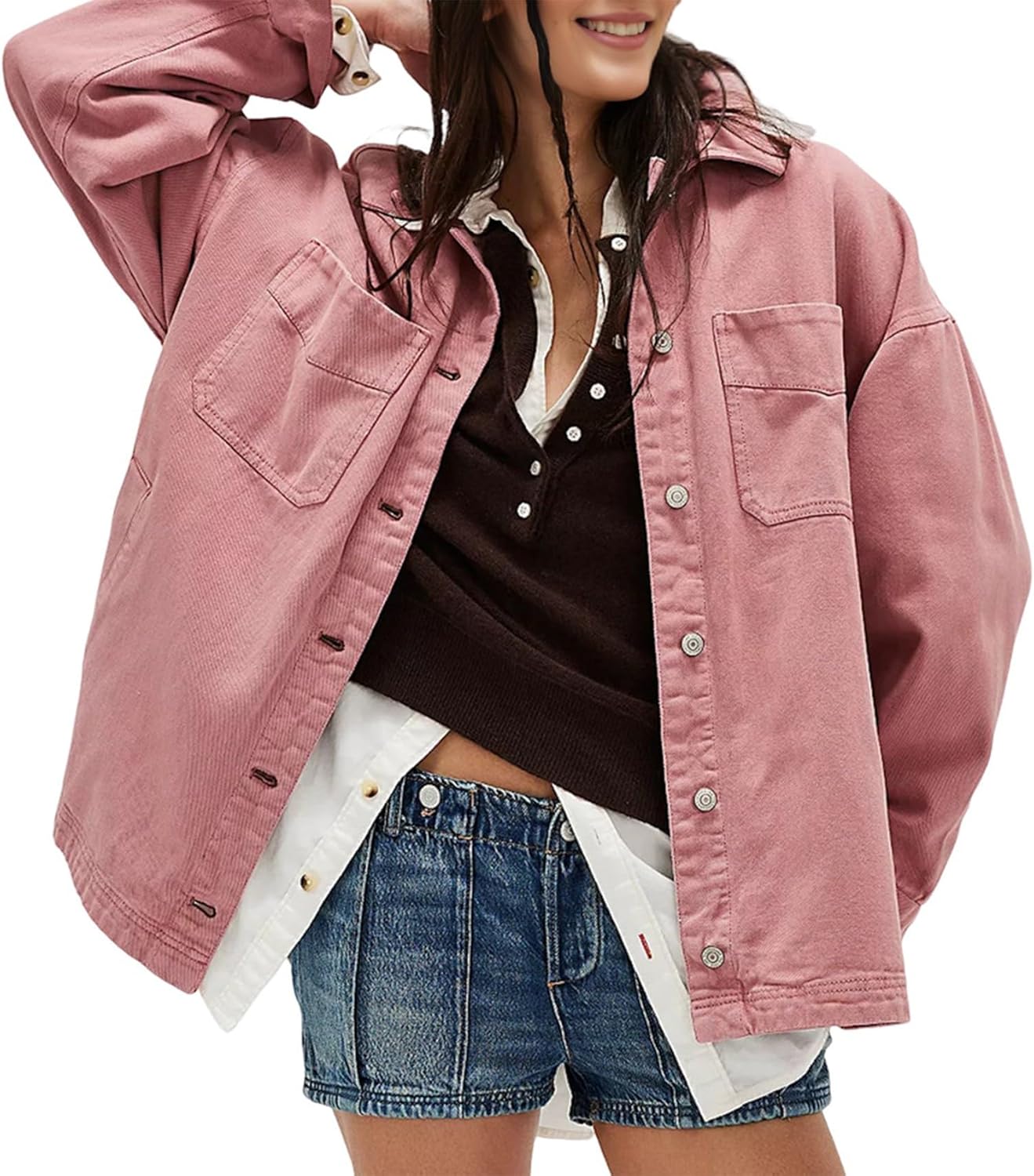 Women's City Jacket Long Sleeve Boyfriend Style Jean Jacket Button Up Front