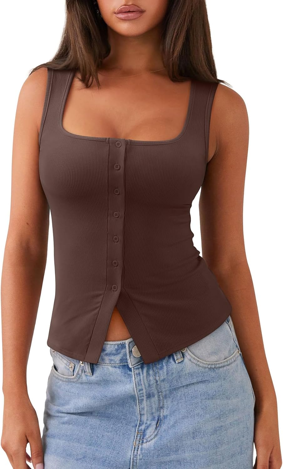 Women's Going Out Tops Cute Ribbed Button Down Square Neck Sleeveless Vest Crop Tank Top