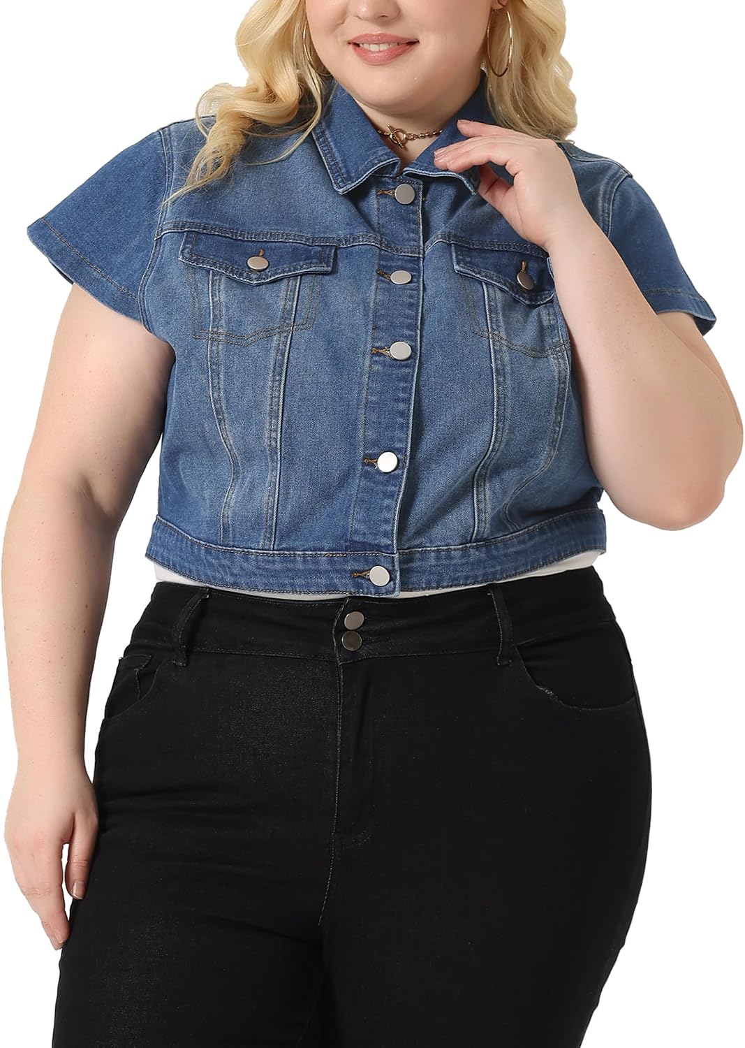 Women's Short Sleeve Jackets Button Front Cropped Jean Jacket Women's Short Sleeve Jackets Button Front Cropped Jean Jacket