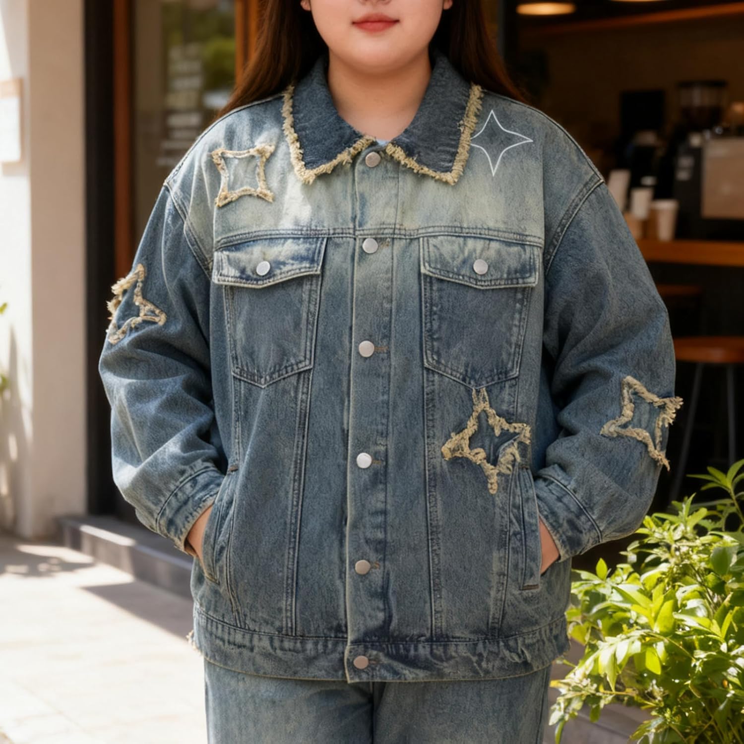 Women's Jeans Jacket Star Patches Button Down Long Sleeve Jacket Loose Boyfriend Coat
