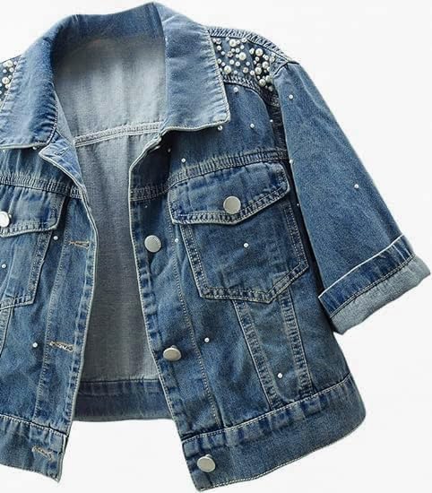 Women's Jacket 3/4 Sleeve Cropped Rhinestones Jean Jackets Trucker Coat Women's Jacket 3/4 Sleeve Cropped Rhinestones Jean Jackets Trucker Coat
