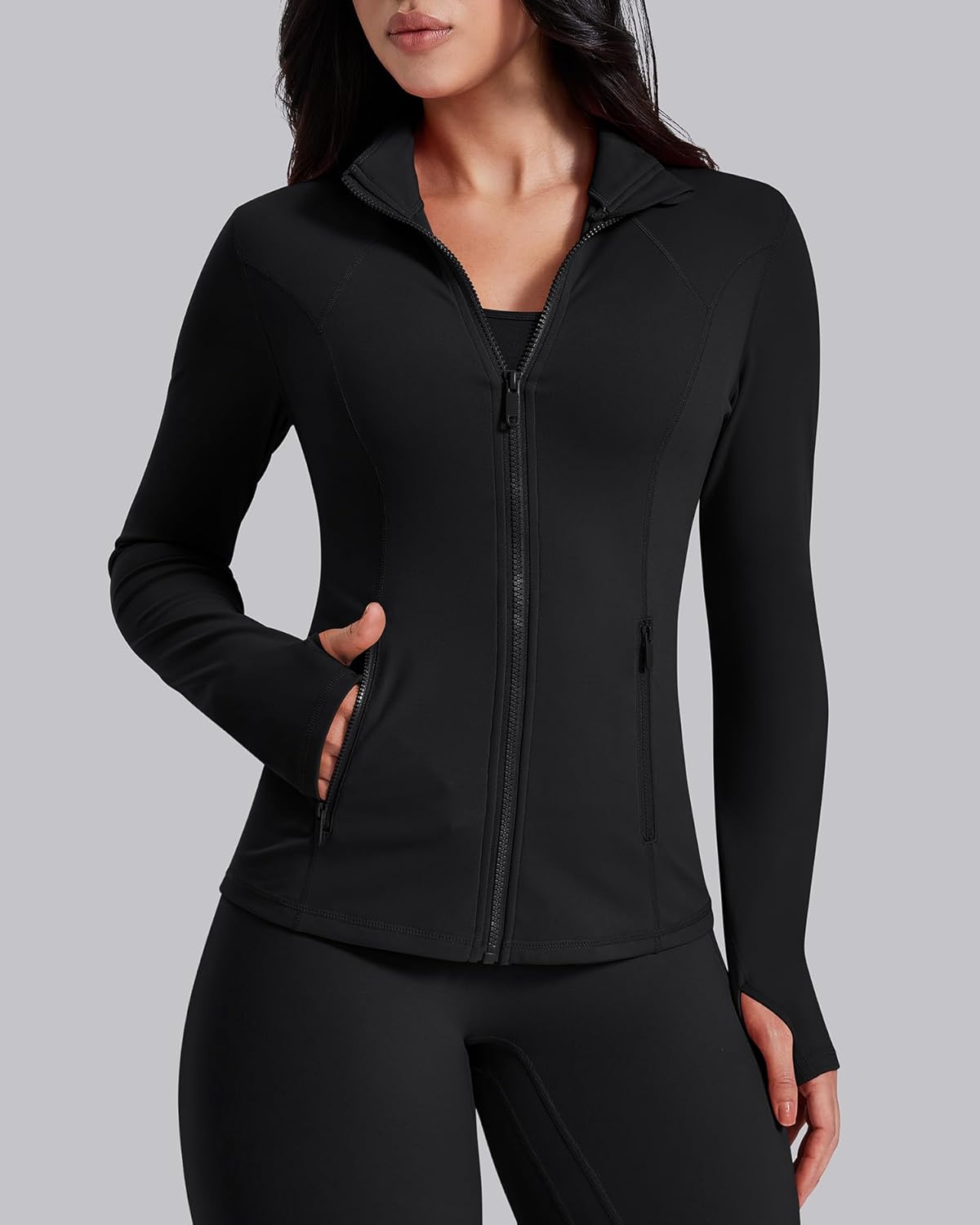 Women's Workout Jackets Athletic Zip Up Jacket Slim Fit Running Gym Top with Pockets & Thumb Holes