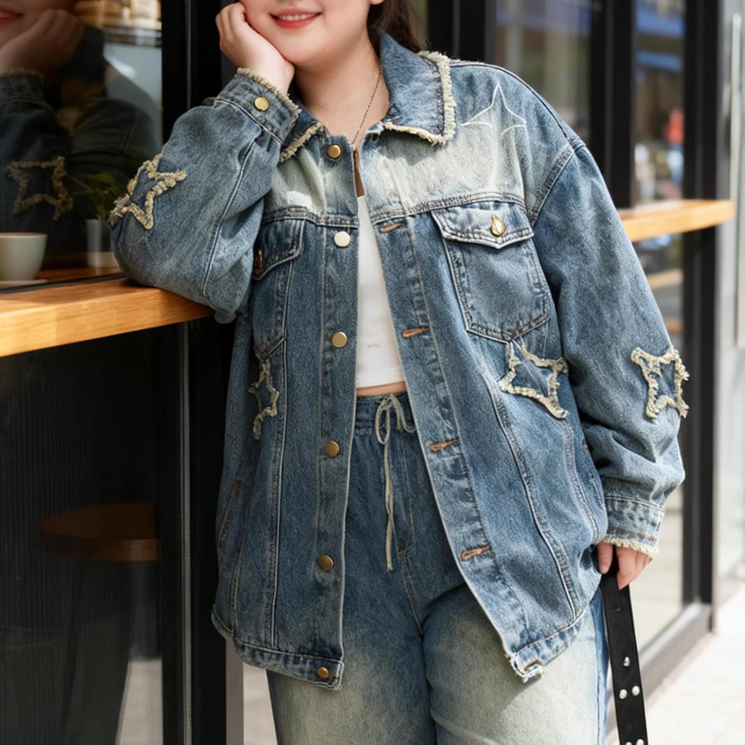 Women's Jeans Jacket Star Patches Button Down Long Sleeve Jacket Loose Boyfriend Coat