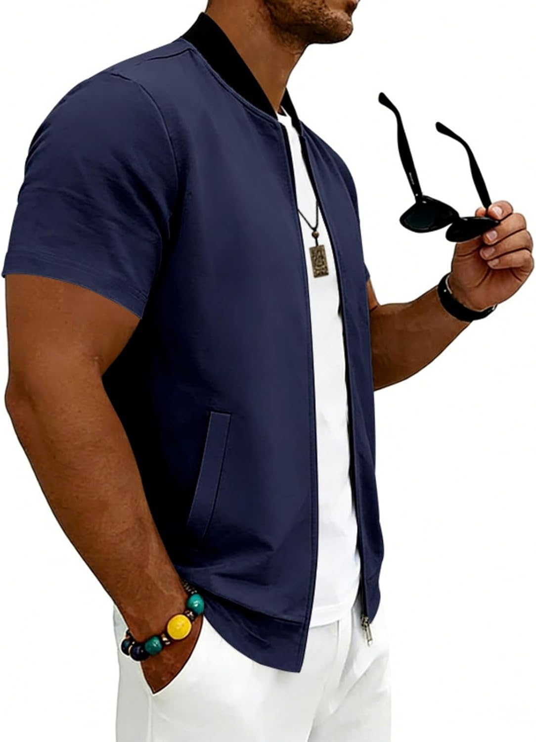 Men's Short Sleeve Zip Up Stand Collar Baseball Varsity Bomber Jacket Athletic Sporty