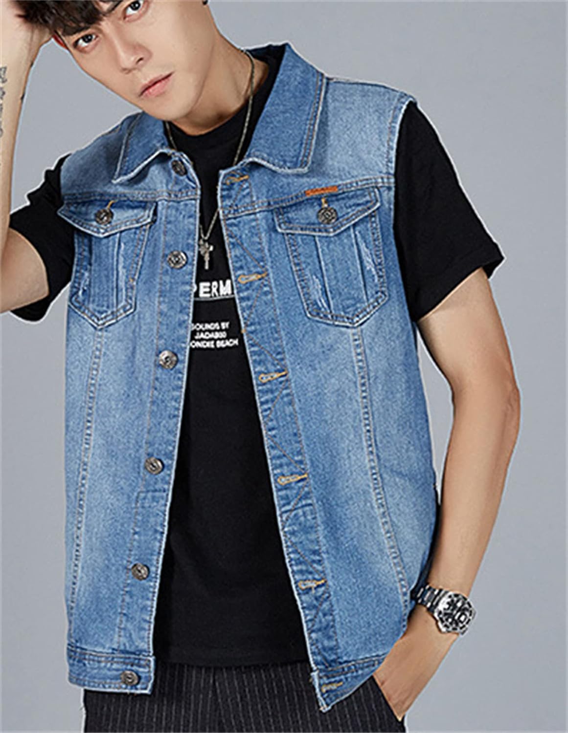 Men's Fit Retro Vest Sleeveless Jean Vest and Rocker Trucker Jacket Pocket