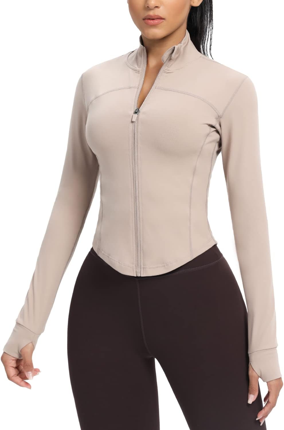Women's Cropped Running Workout Jackets Zip Slim Fit Athletic Tops with Thumb Holes