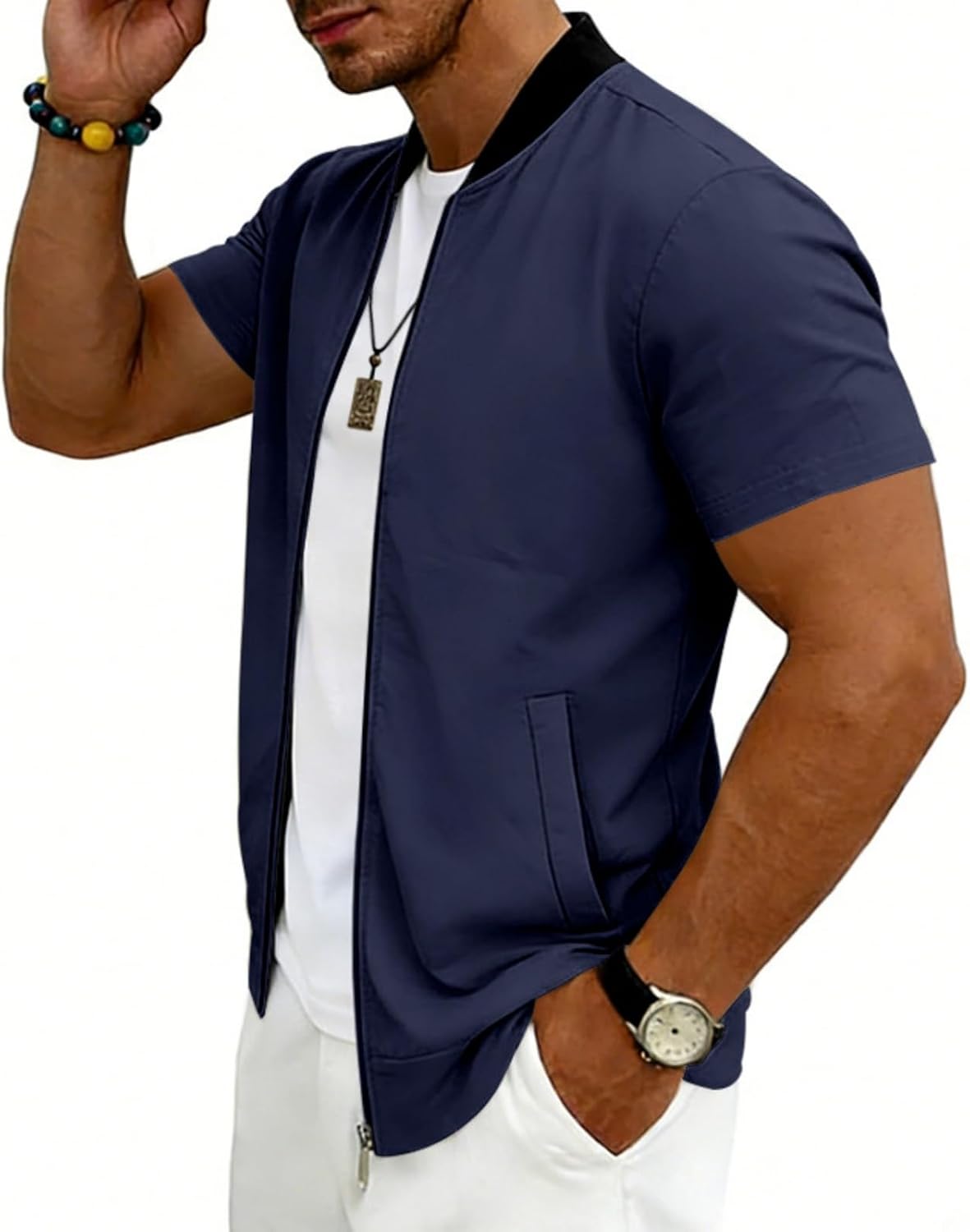 Men's Short Sleeve Zip Up Stand Collar Baseball Varsity Bomber Jacket Athletic Sporty