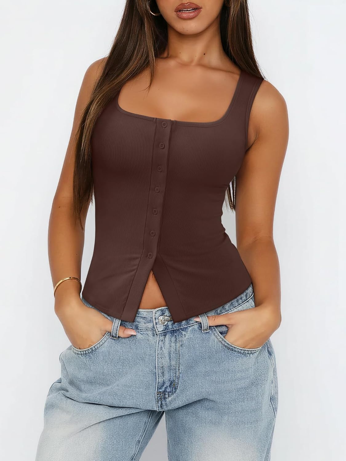 Women's Going Out Tops Cute Ribbed Button Down Square Neck Sleeveless Vest Crop Tank Top