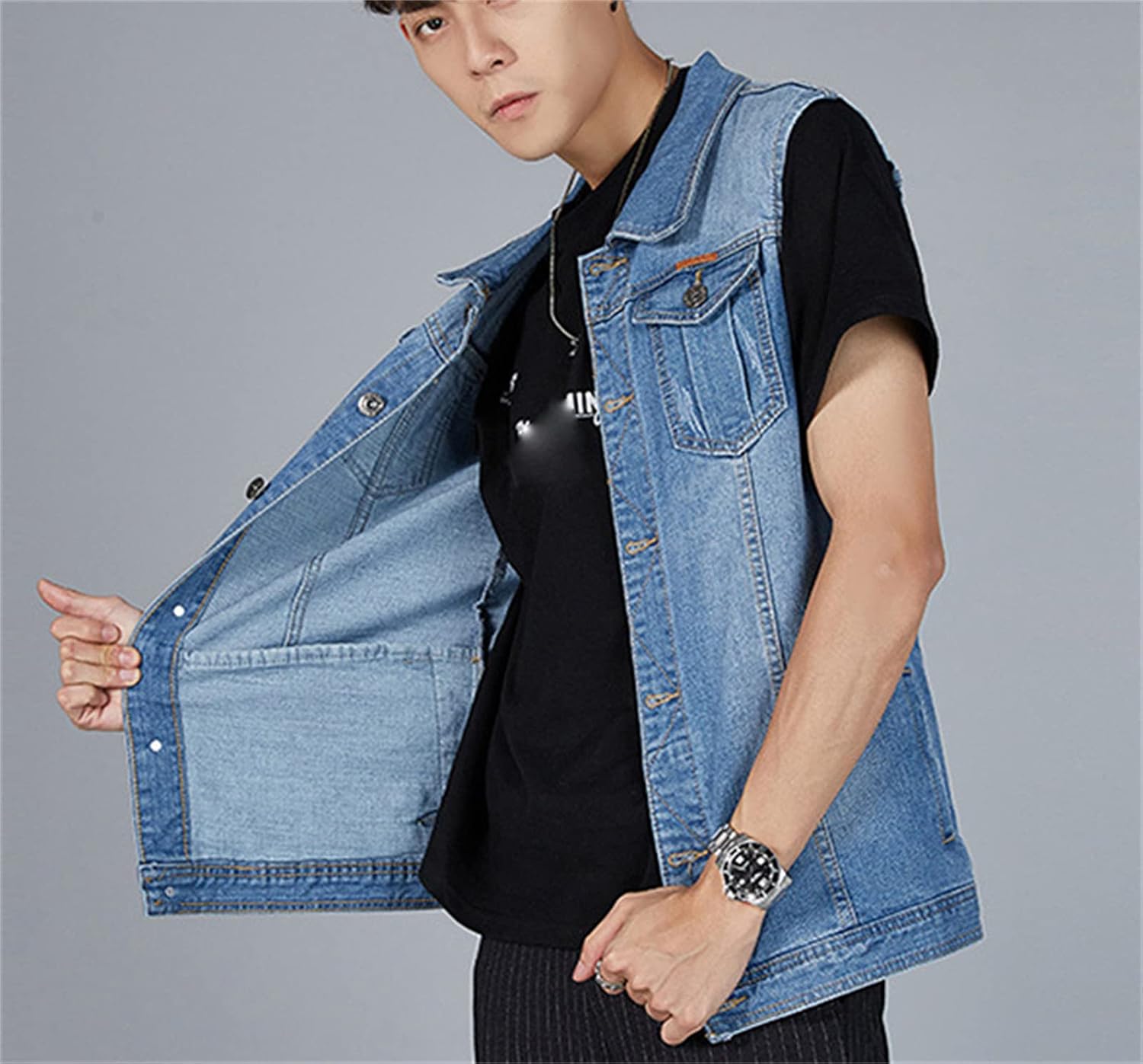 Men's Fit Retro Vest Sleeveless Jean Vest and Rocker Trucker Jacket Pocket