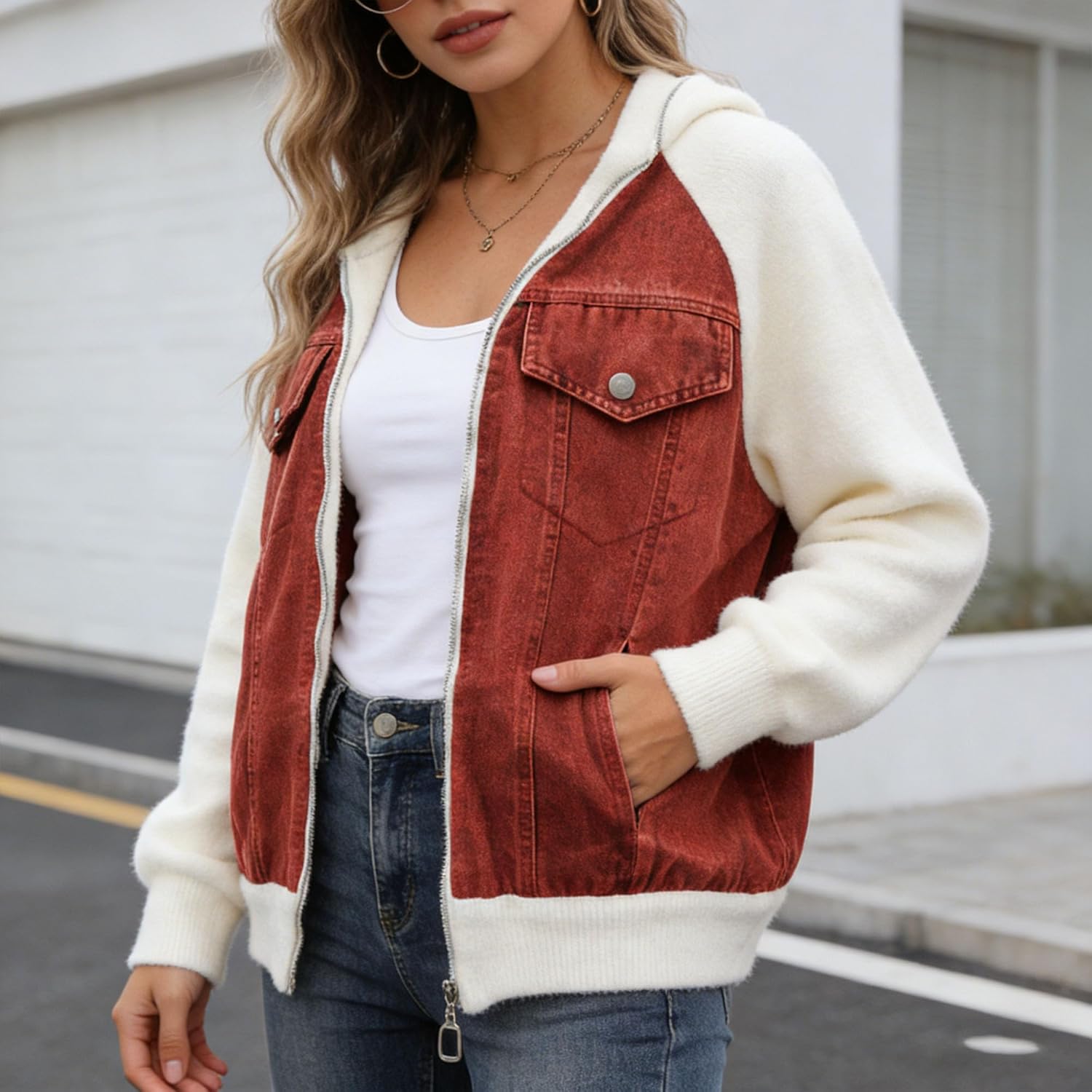 Women's Bomber Jacket Zip Up Patchwork Varsity Baseball Cute Coats