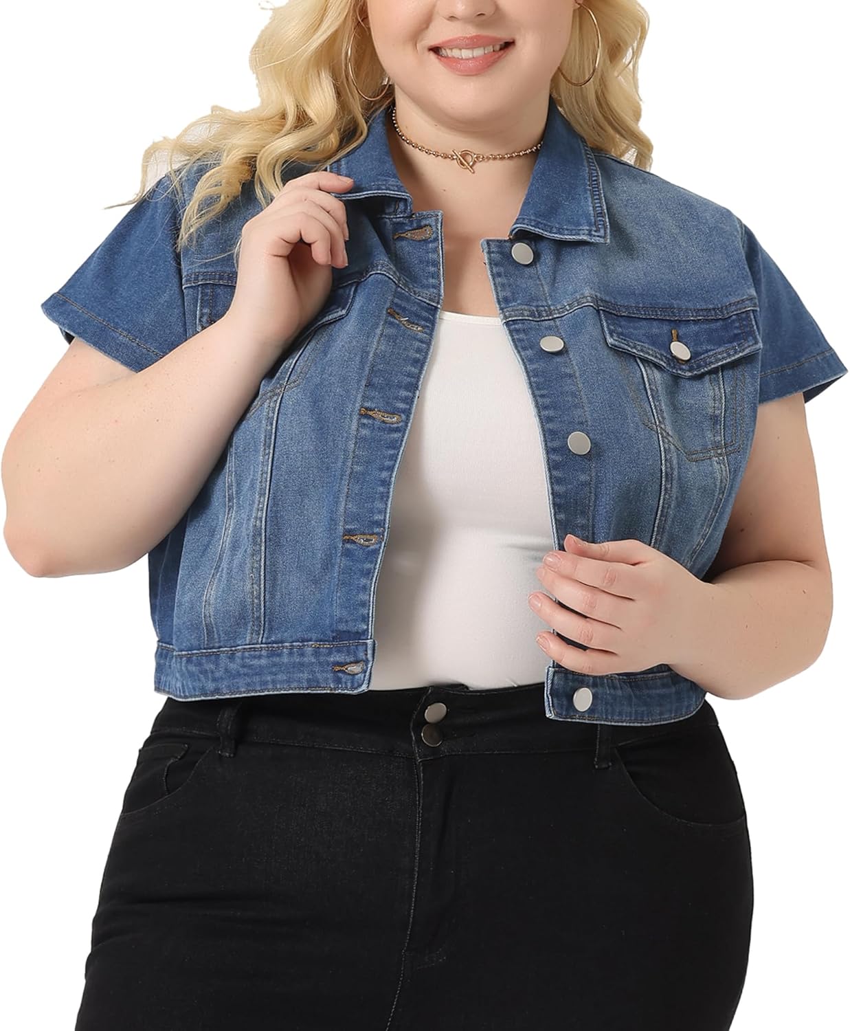 Women's Short Sleeve Jackets Button Front Cropped Jean Jacket