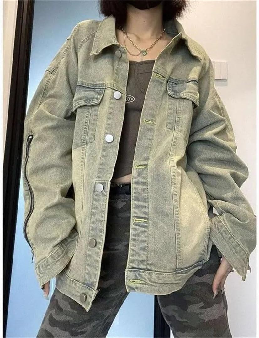 Women's Vintage Jacket Oversize Loose Jean Top Bomber Street Single-Breasted Casual Coat