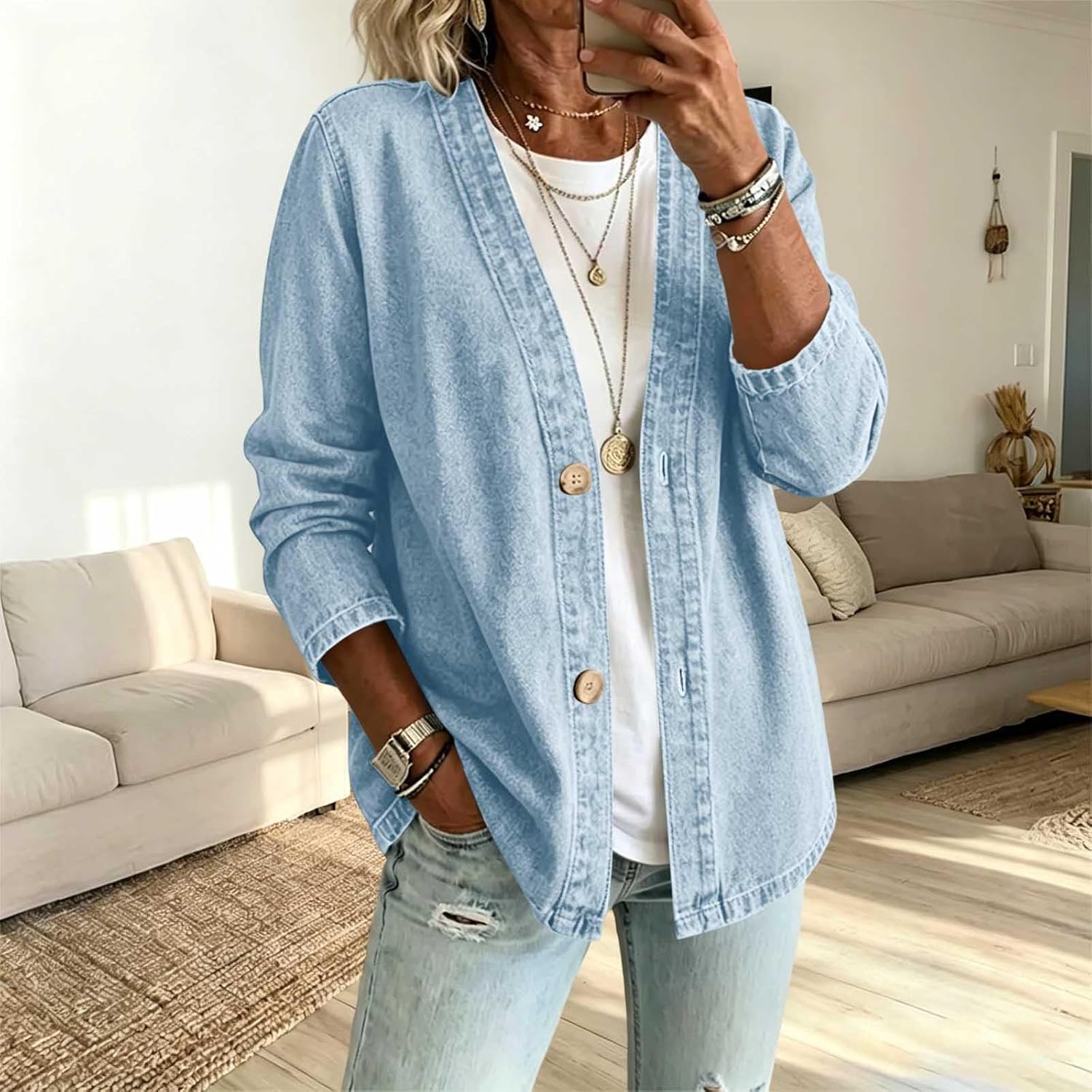 Women's Cardigan Trendy Button Front Jacket Relaxed Fit Casual V-Neck Jean Jackets Women's Cardigan Trendy Button Front Jacket Relaxed Fit Casual V-Neck Jean Jackets