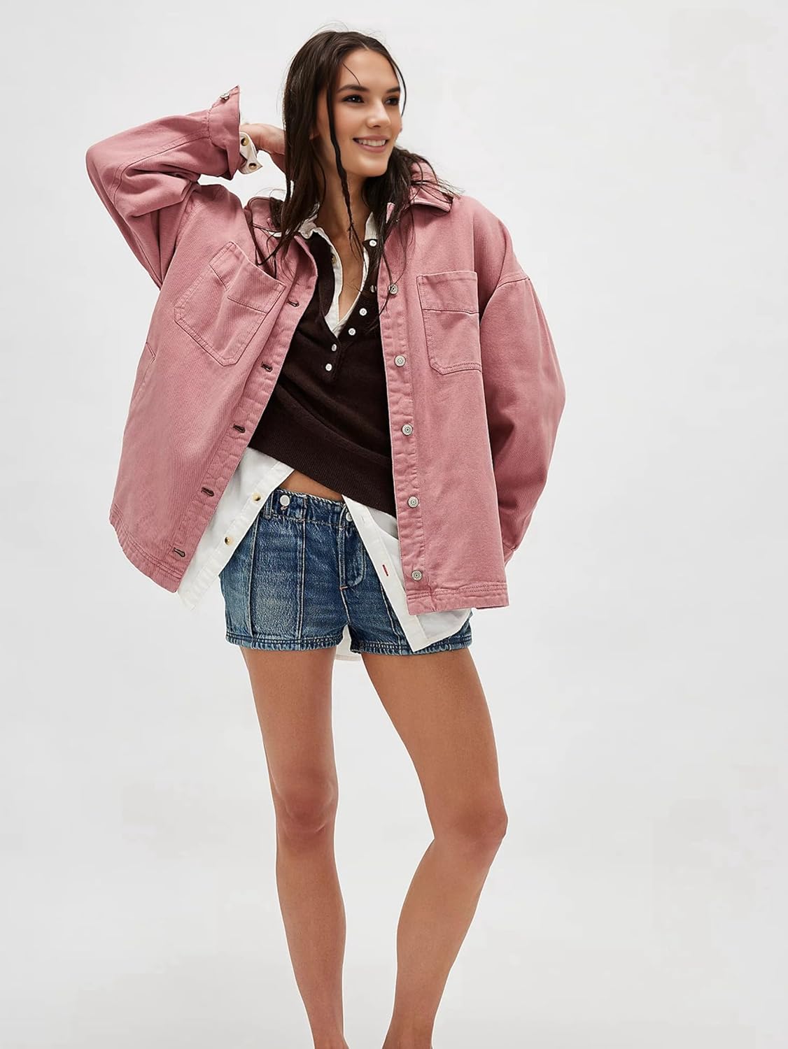 Women's City Jacket Long Sleeve Boyfriend Style Jean Jacket Button Up Front