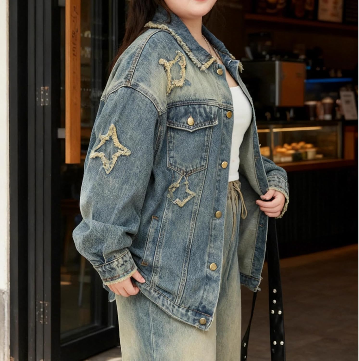 Women's Jeans Jacket Star Patches Button Down Long Sleeve Jacket Loose Boyfriend Coat