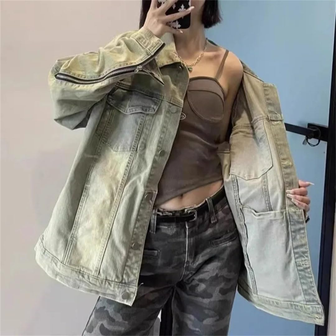 Women's Vintage Jacket Oversize Loose Jean Top Bomber Street Single-Breasted Casual Coat