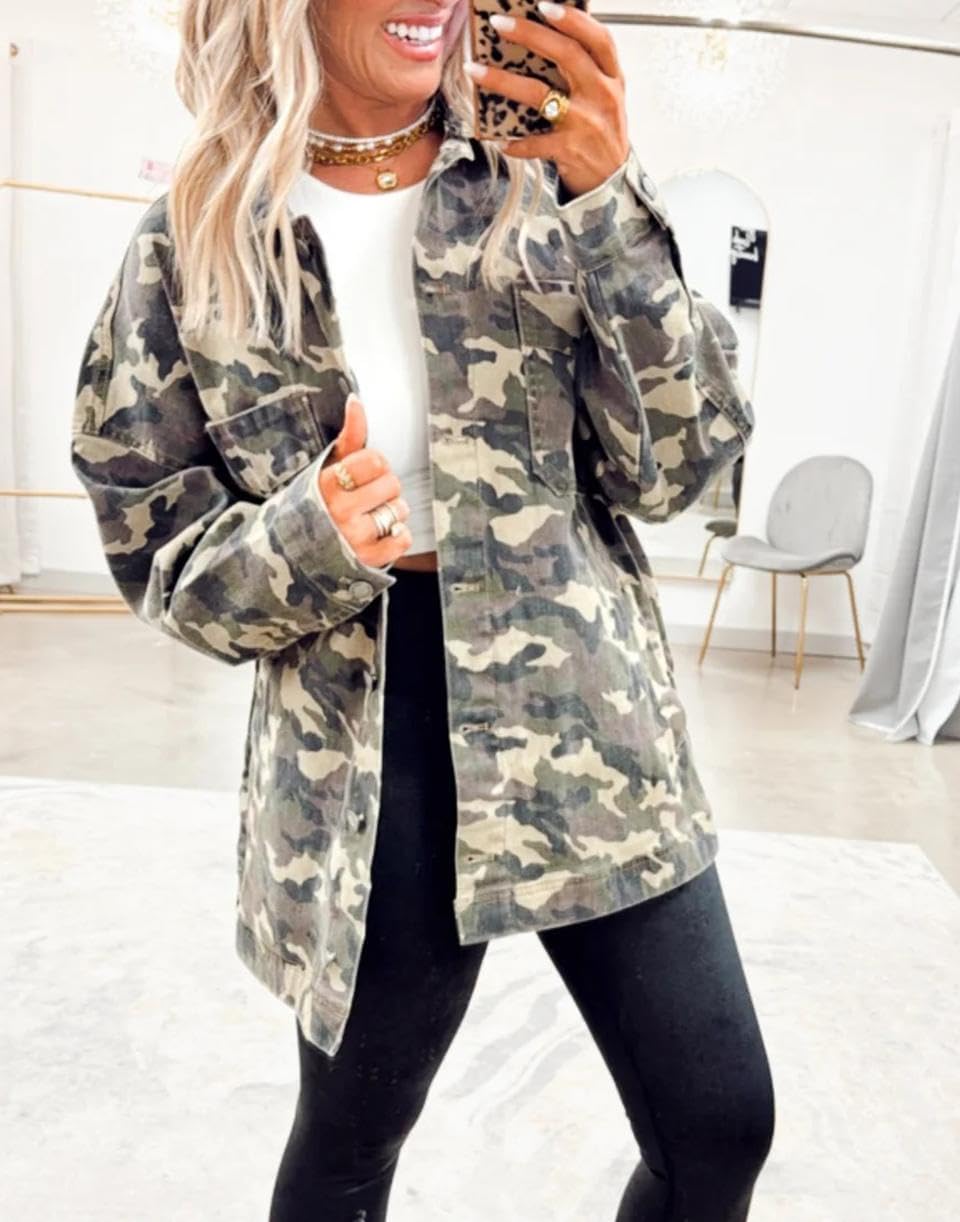 Women's Camo Jacket for Button Down Long Sleeve Jean Jacket Vintage Casual Jackets with Chest Pockets