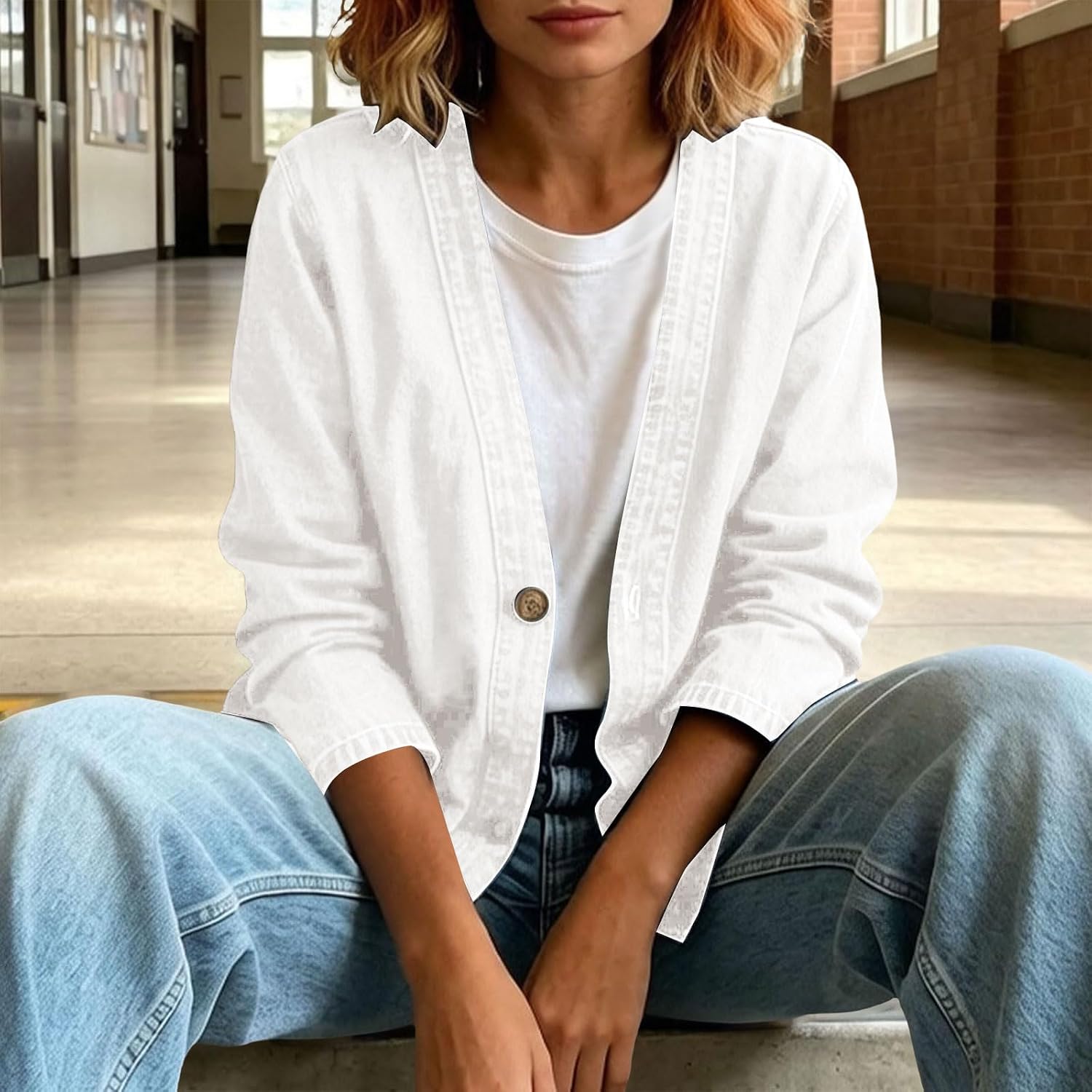 Women's Jacket V Neck Long Sleeve Button Front Soft Casual cardigan Spring Jean Jacket