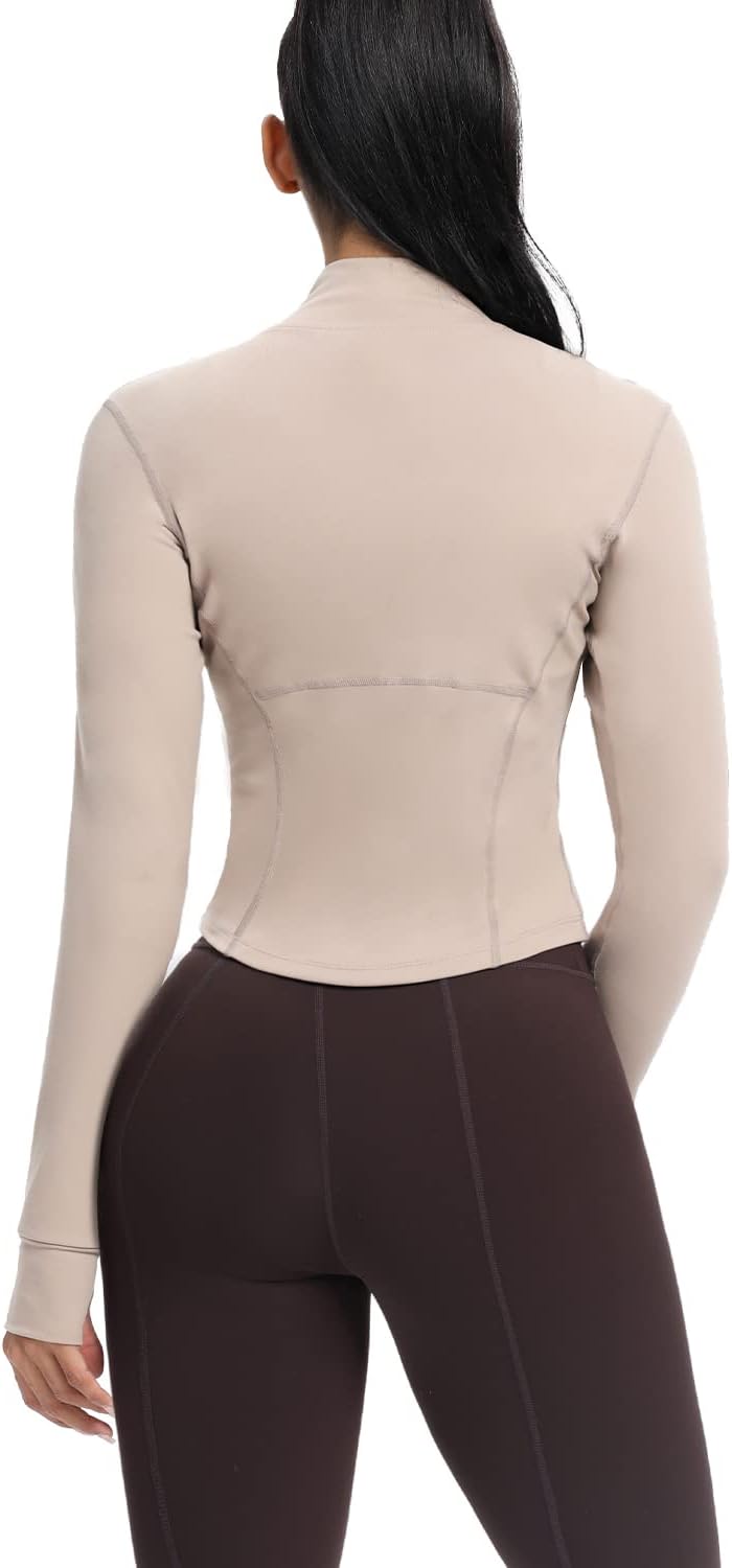 Women's Cropped Running Workout Jackets Zip Slim Fit Athletic Tops with Thumb Holes