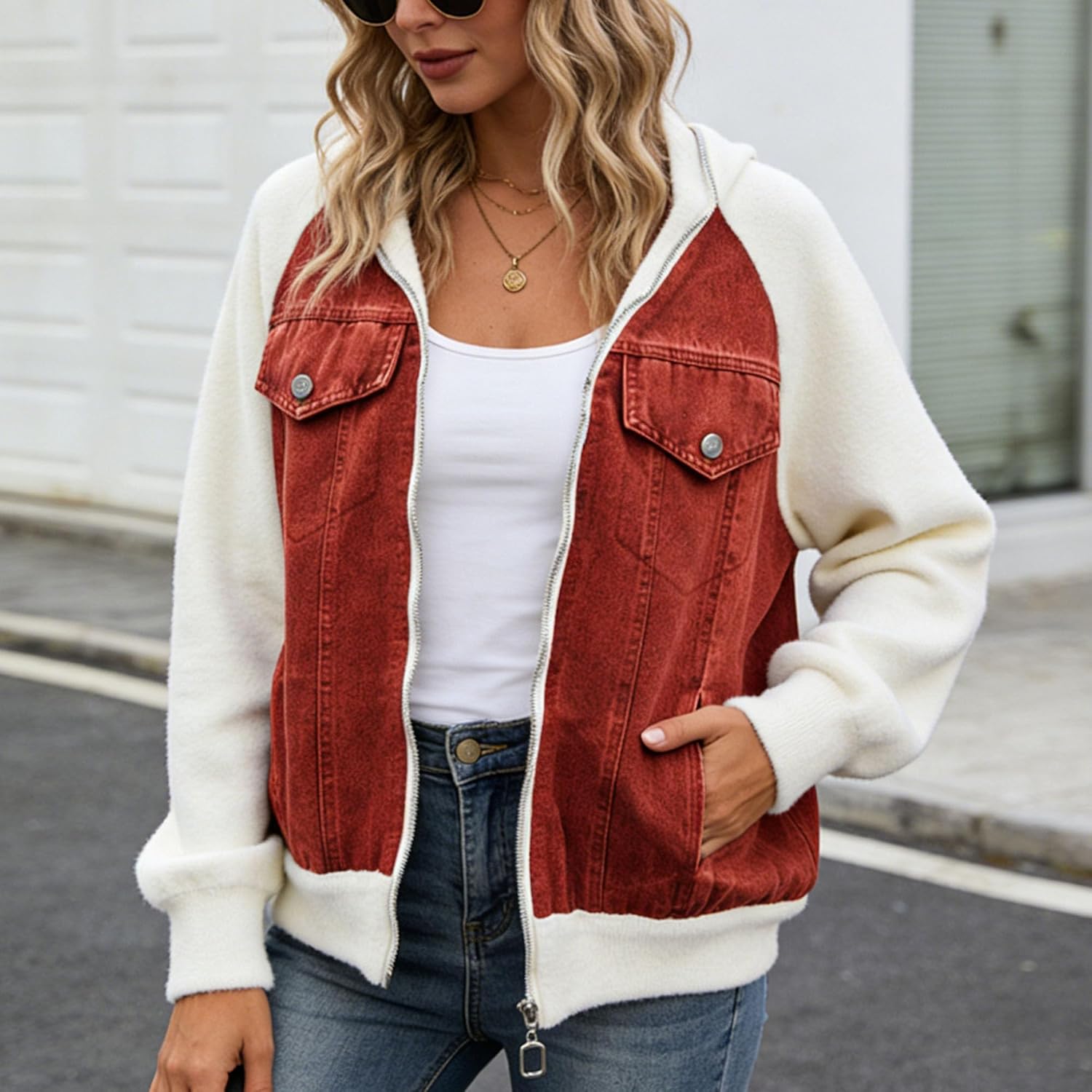 Women's Bomber Jacket Zip Up Patchwork Varsity Baseball Cute Coats