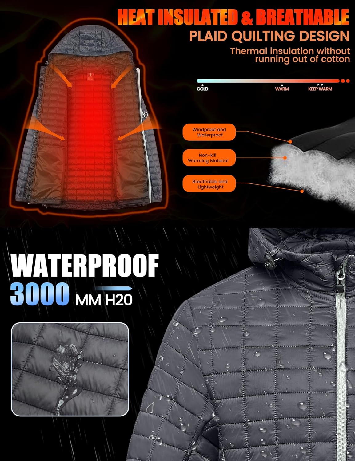 Men's Puffer Jacket Winter Coat with Hood Jackets Waterproof with Recycled Insulation Outdoor