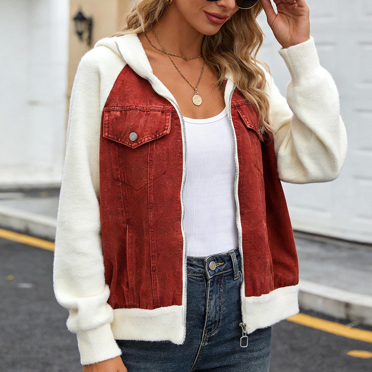 Women's Bomber Jacket Zip Up Patchwork Varsity Baseball Cute Coats