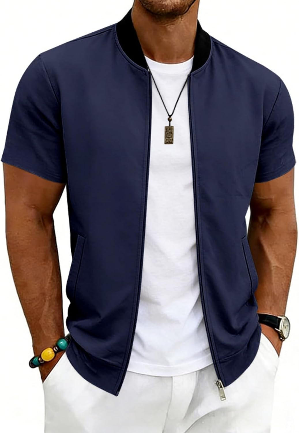 Men's Short Sleeve Zip Up Stand Collar Baseball Varsity Bomber Jacket Athletic Sporty