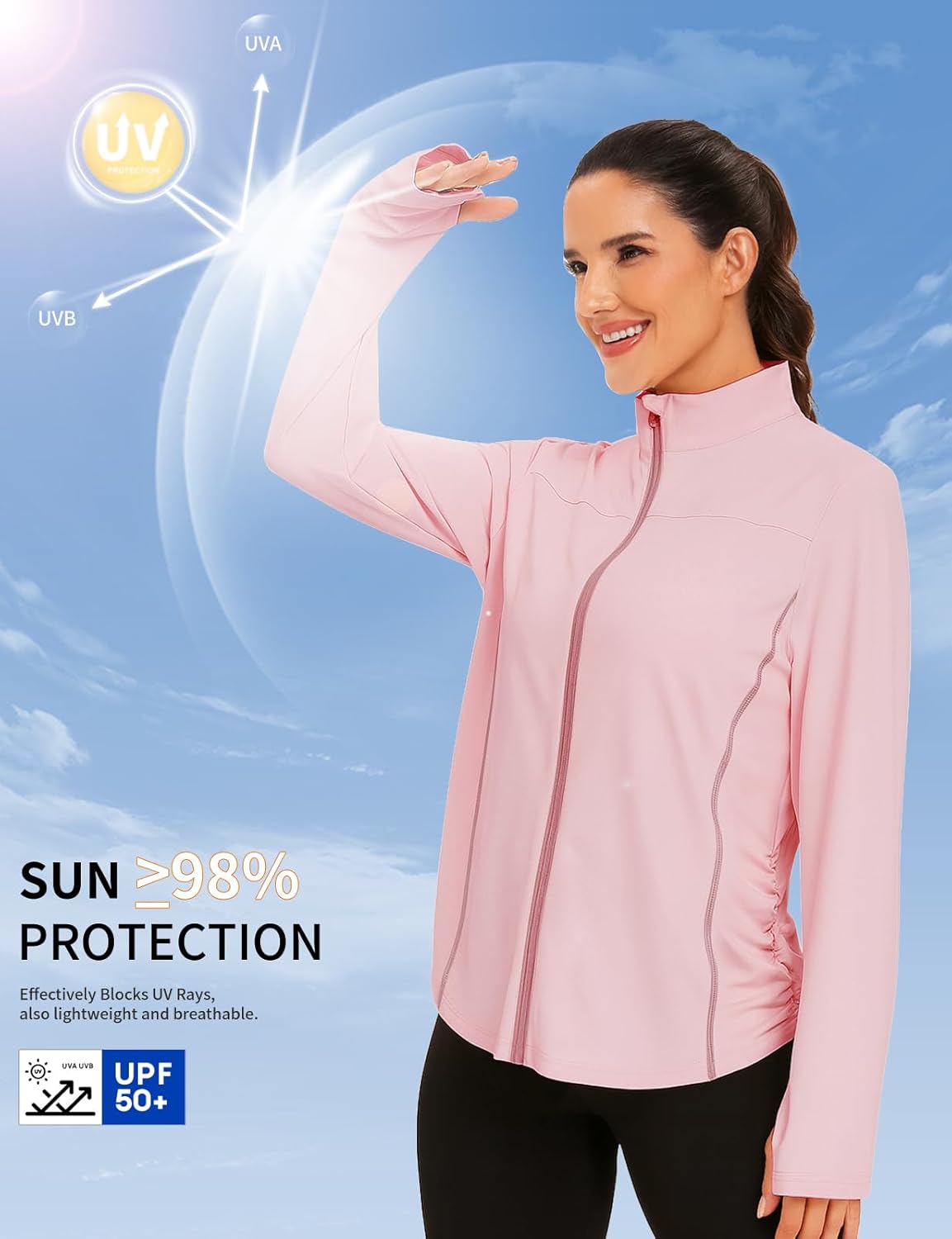 Women's UPF Sun Protection Jacket Zip Up Long Sleeve Sun Shirt with Thumb Hole Hiking