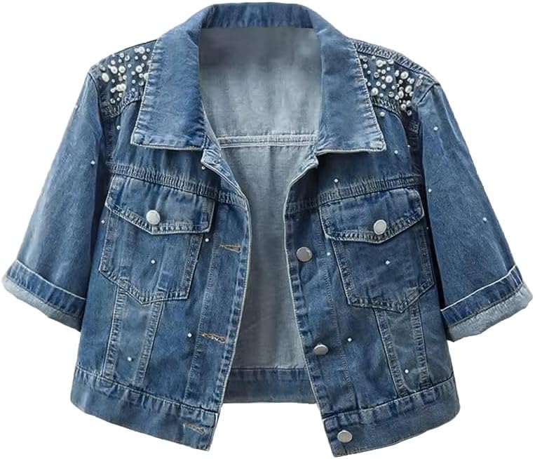 Women's Jacket 3/4 Sleeve Cropped Rhinestones Jean Jackets Trucker Coat
