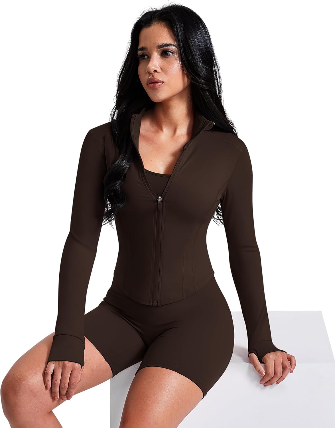 Women's Workout Jacket Zip Up Crop Top Running Sportwear Slim Fit Gym Jackets With Thumb Holes
