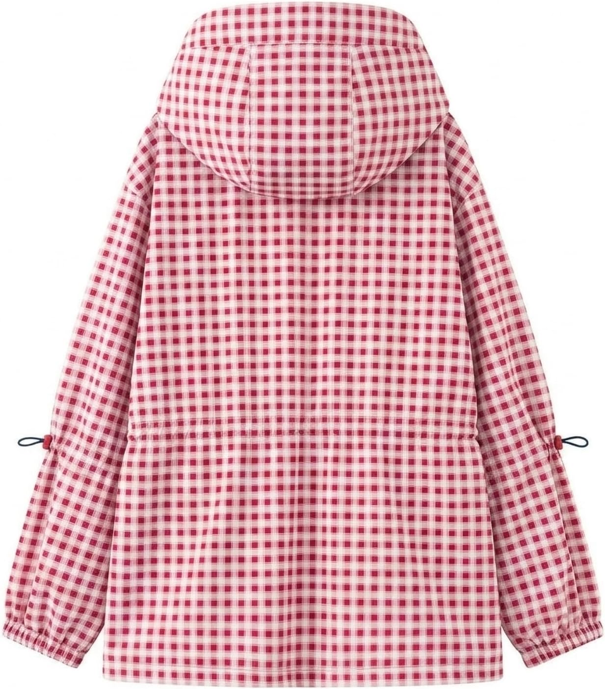 Women's Gingham Hooded Jacket Drawstring Waist Casual Jackets Zip Up Coat Outerwear with Pockets