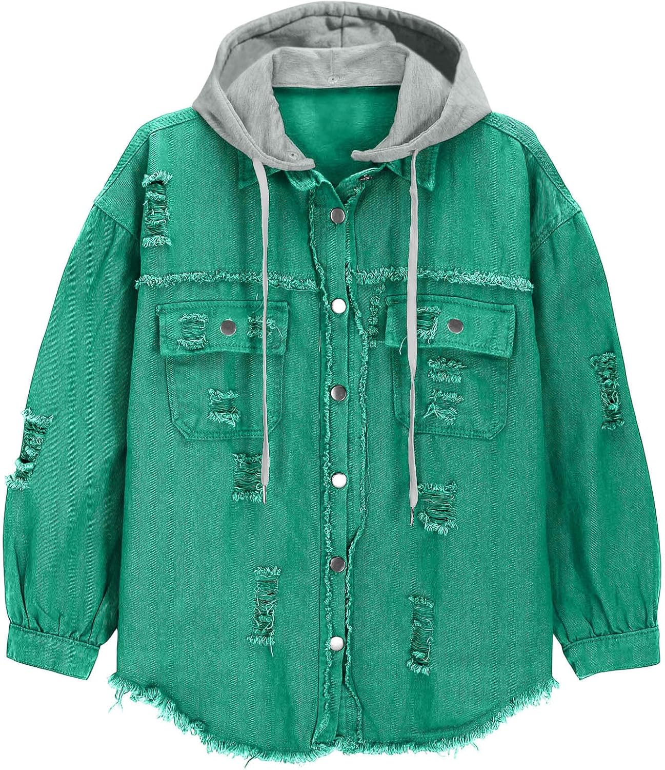 Women's Jacket for Button Down Long Sleeve Jean Jacket Casual Frayed Hem Ripped Jean Coat