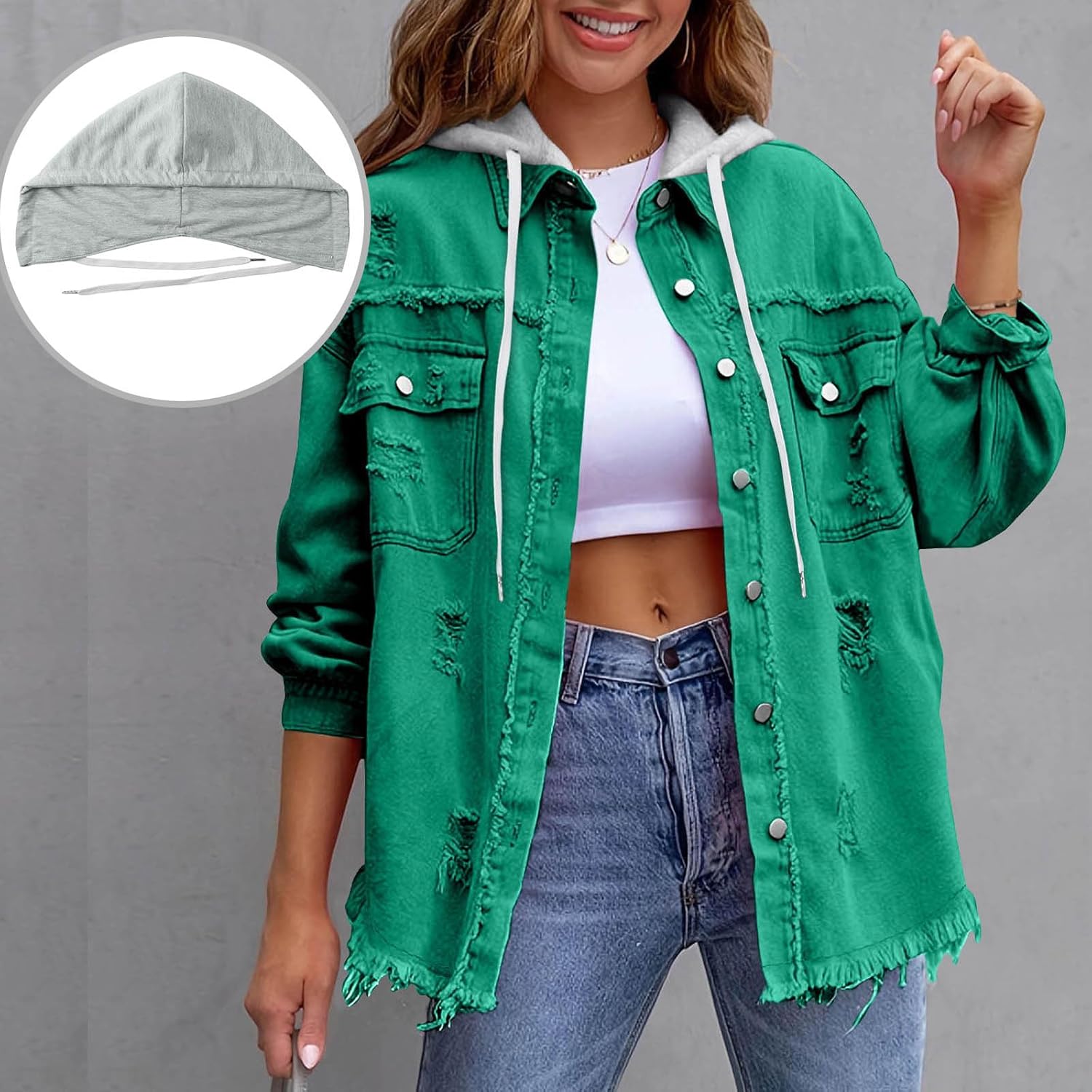 Women's Jacket for Button Down Long Sleeve Jean Jacket Casual Frayed Hem Ripped Jean Coat