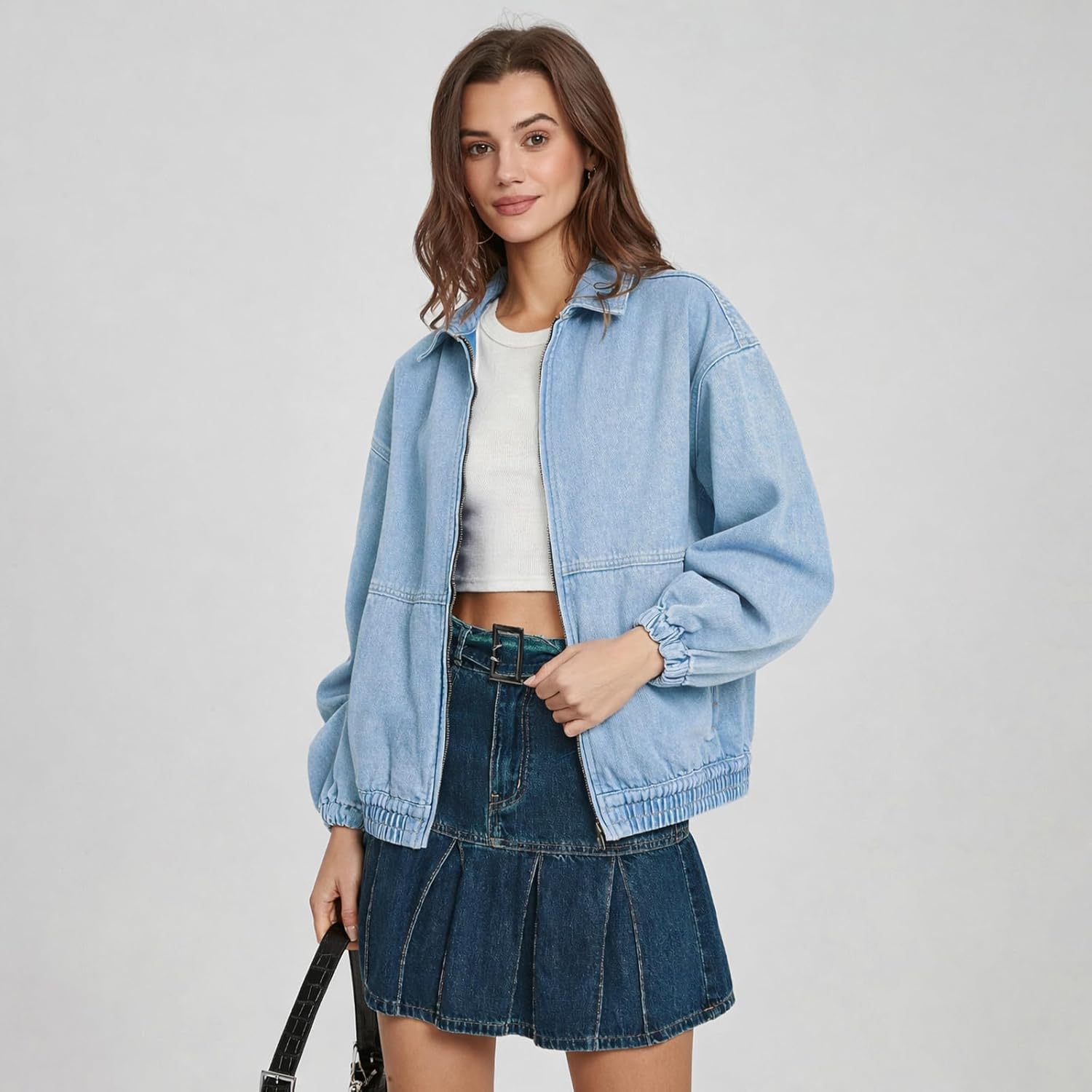 Women's Jacket Zip Up Elastic Hem Casual Loose Fit Bomber Jean Jackets Women's Jacket Zip Up Elastic Hem Casual Loose Fit Bomber Jean Jackets