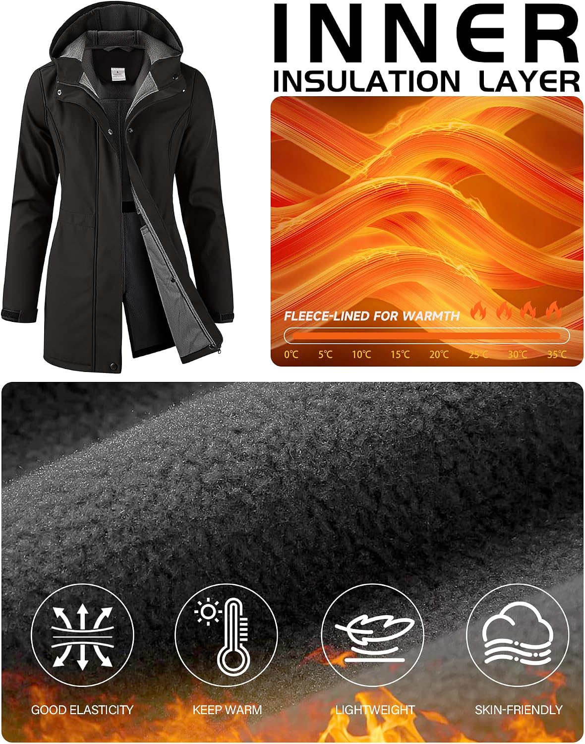 Women's Waterproof Softshell Rain Jacket Fleece Lined Hooded Long Rain Coat Warm Windproof