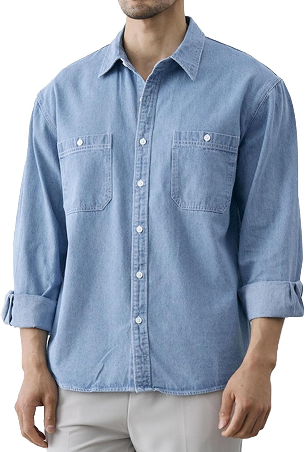 Men's Long Sleeve Button Slim Fit Jacket Two Pocket Long Sleeve Jean Shirt Work Jeans