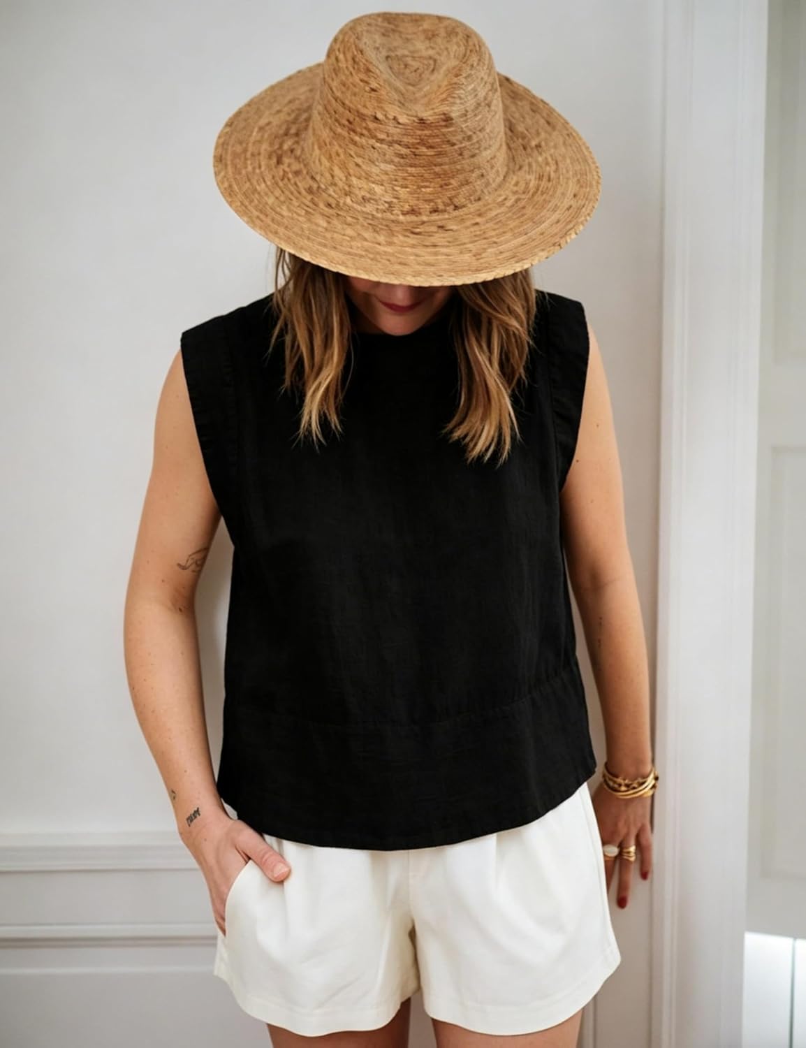 Women's Cotton Linen Tank Tops Loose Back Half Button Crewneck Vest Sleeveless Summer Shirt Tops