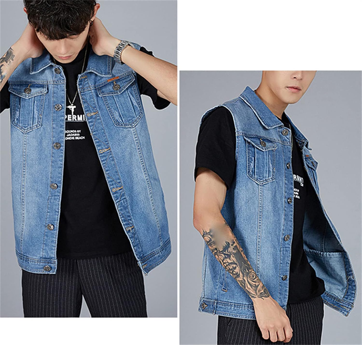 Men's Fit Retro Vest Sleeveless Jean Vest and Rocker Trucker Jacket Pocket