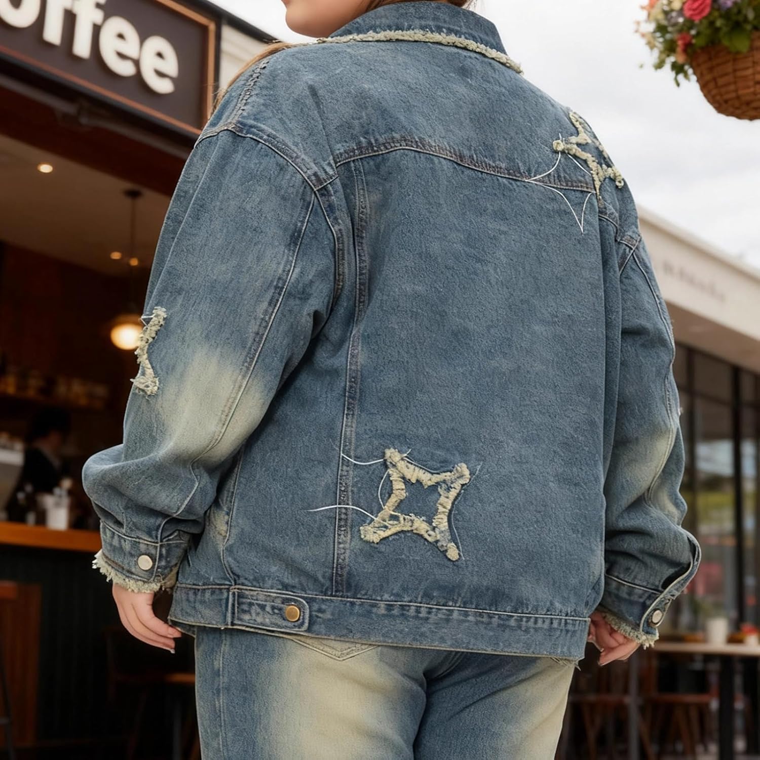 Women's Jeans Jacket Star Patches Button Down Long Sleeve Jacket Loose Boyfriend Coat