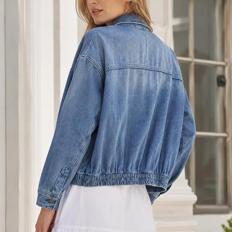 Women's Zipper Bomber Jacket Lapel Long Sleeve Zip Up Casual Jean Jackets