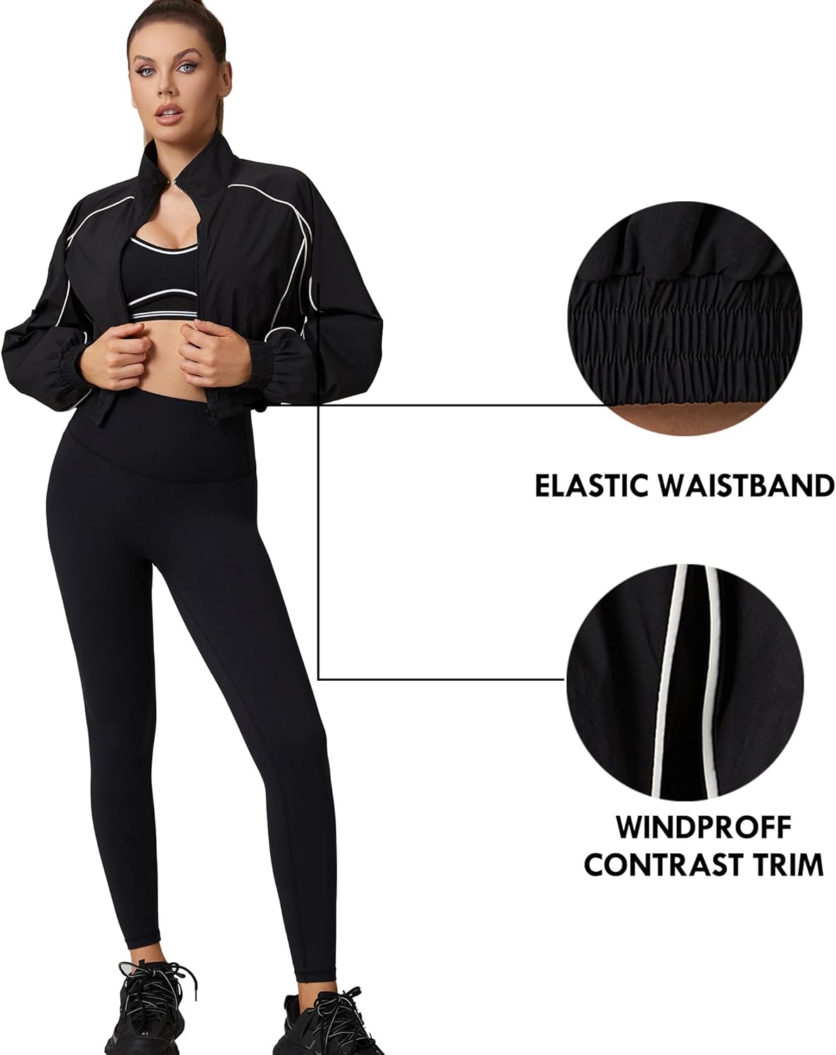 Women's Athletic Windbreaker Cropped Jacket Track Zip Up Sporty Jackets Gym Workout Tops