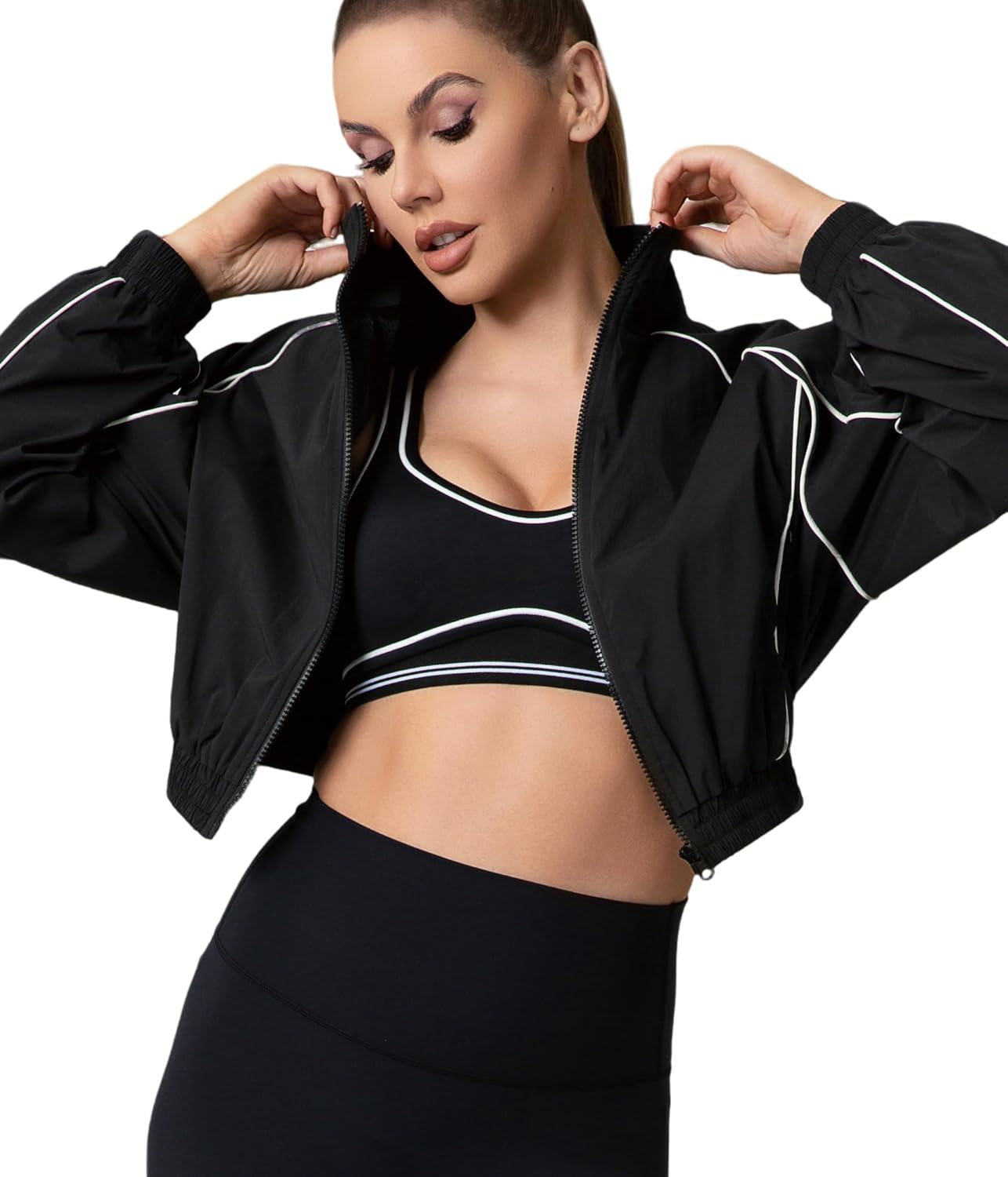 Women's Athletic Windbreaker Cropped Jacket Track Zip Up Sporty Jackets Gym Workout Tops