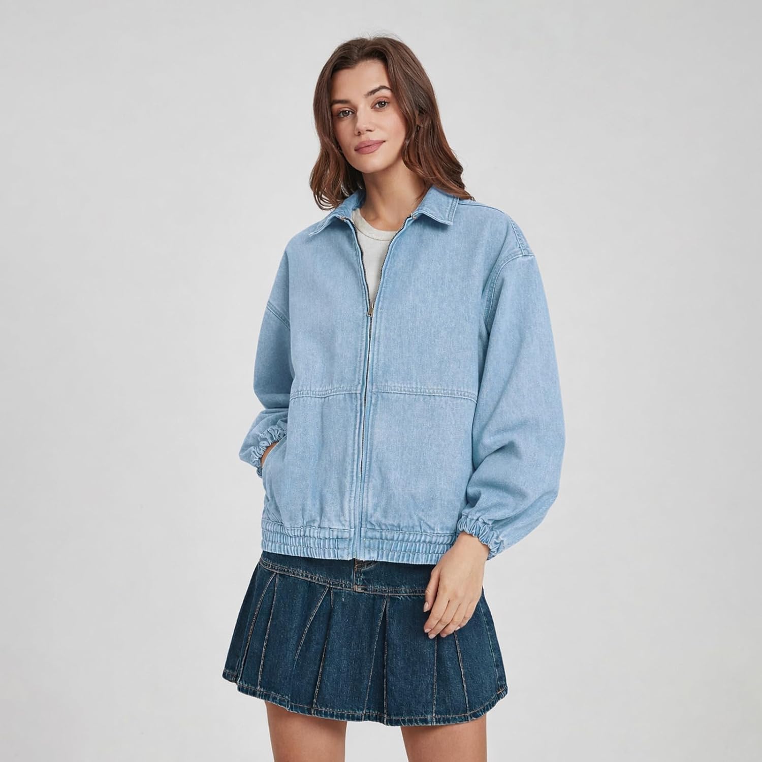 Women's Jacket Zip Up Elastic Hem Casual Loose Fit Bomber Jean Jackets