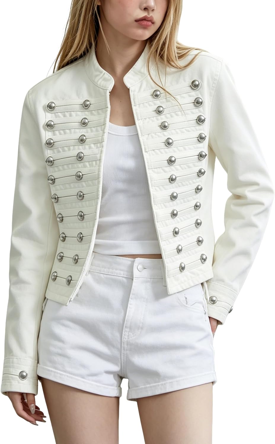 Women's Military Bomber Jackets Long Sleeve Button Up Stand Collar Jeans Jacket