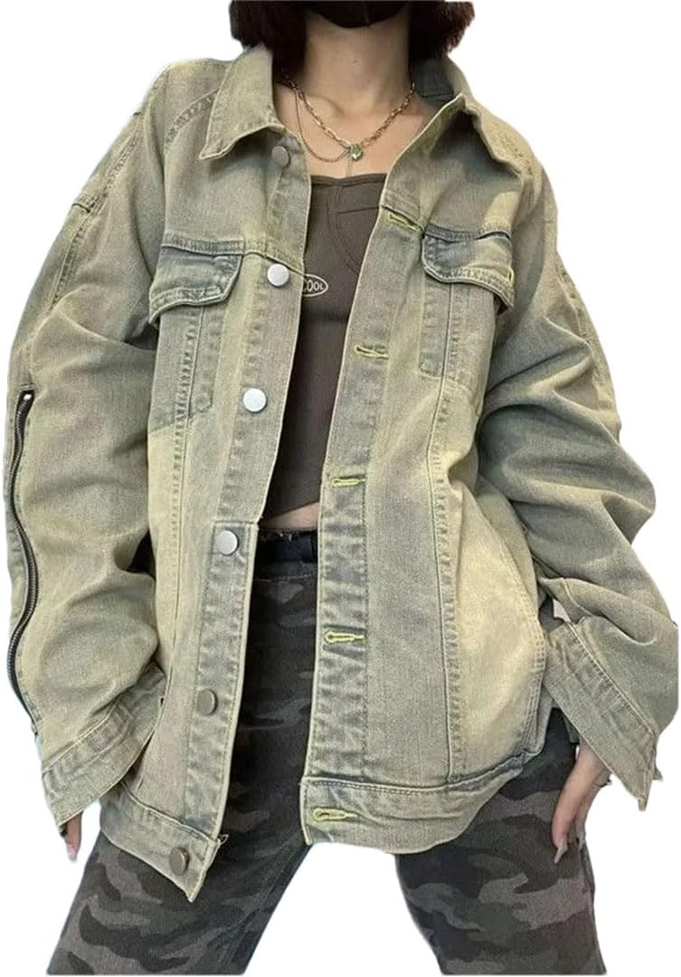 Women's Vintage Jacket Oversize Loose Jean Top Bomber Street Single-Breasted Casual Coat