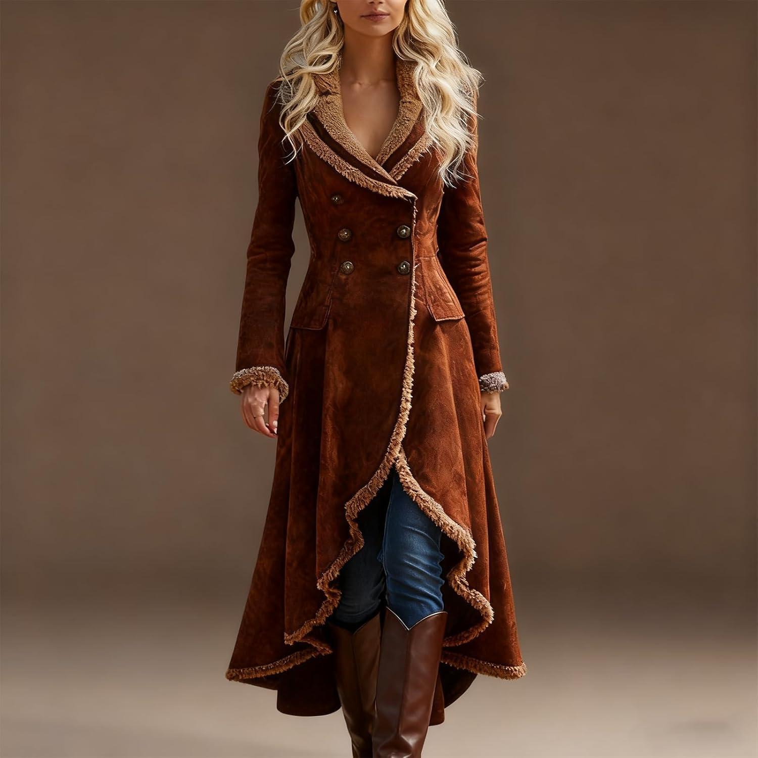 Women's Sherpa Lined Suede Jacket Fleece Faux Leather Trench Coat Double Breasted Jacket Vintage Western Jackets