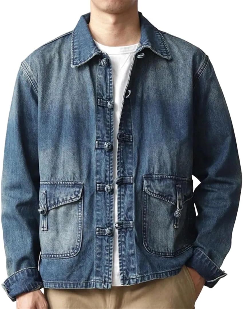 Men's Jacket Chinese Style Buckle Cotton Loose Lapel Work Casual Outerwear Fall Men's Jacket Chinese Style Buckle Cotton Loose Lapel Work Casual Outerwear Fall