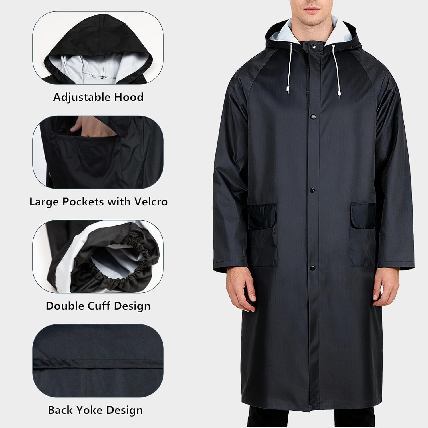 Men's Long Rain Jacket Windbreaker Waterproof Active Fishing Rain Coat with Hood